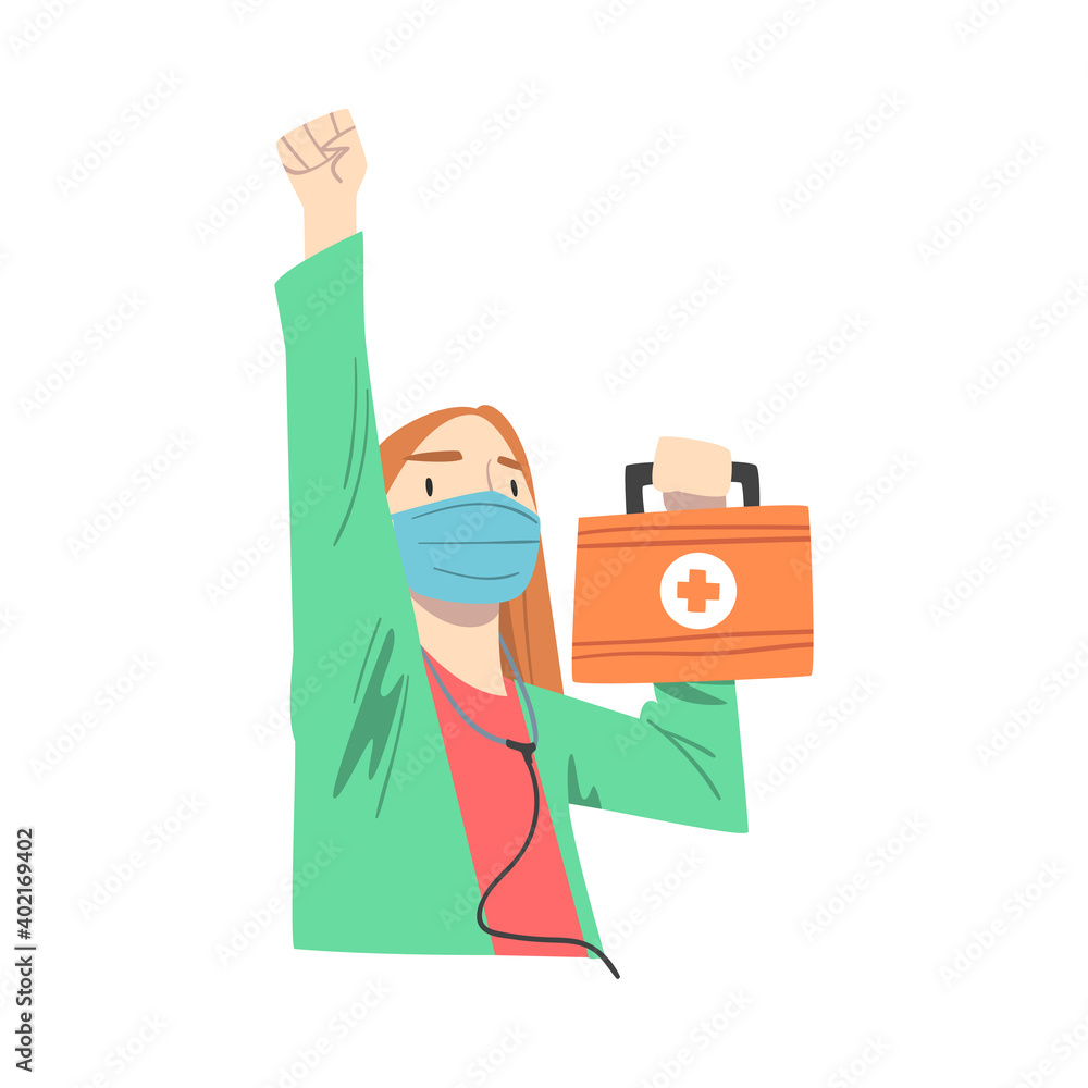 Doctor Superhero Wearing Medical Mask Standing with First Aid kit in her Hands, Professional Doctor Fighting Against Viruses Cartoon Style Vector Illustration