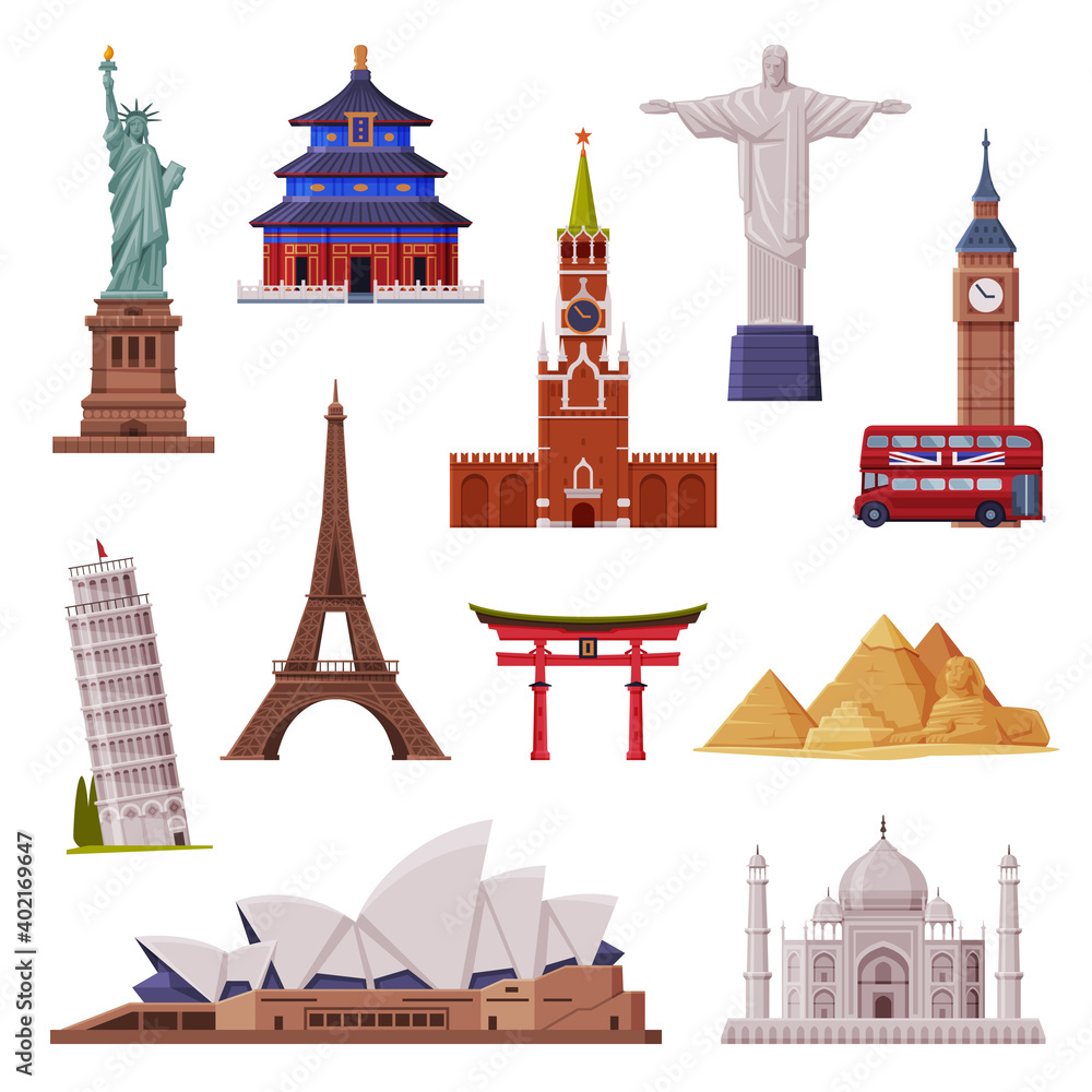 Travel Time with City Landmark Like Eiffel Tower and Statue of Liberty Vector Set