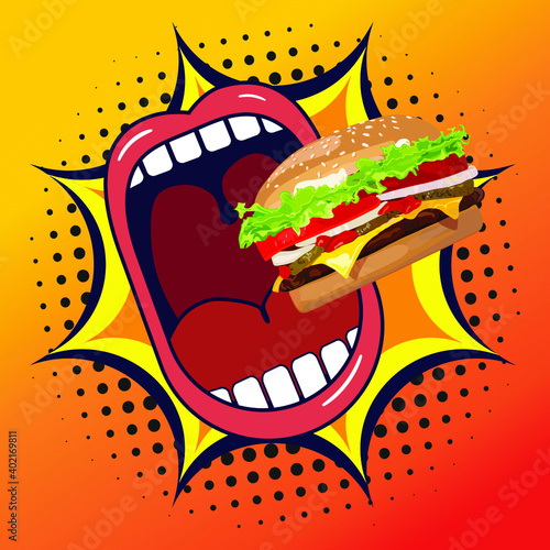 Large open mouth eating Sandwich on a dynamic background with gradient. Advertising company
fast food pop art poster. Cartoon style symbol. Copy paste. Vector illustration isolated. Hunger concept 