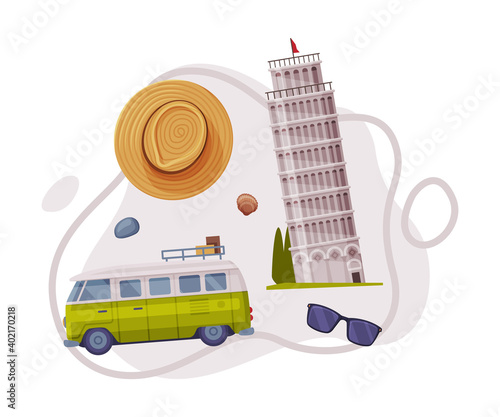 Travel and Tourism Attribute with Pisa Leaning Tower as City Landmark and Hat Vector Composition