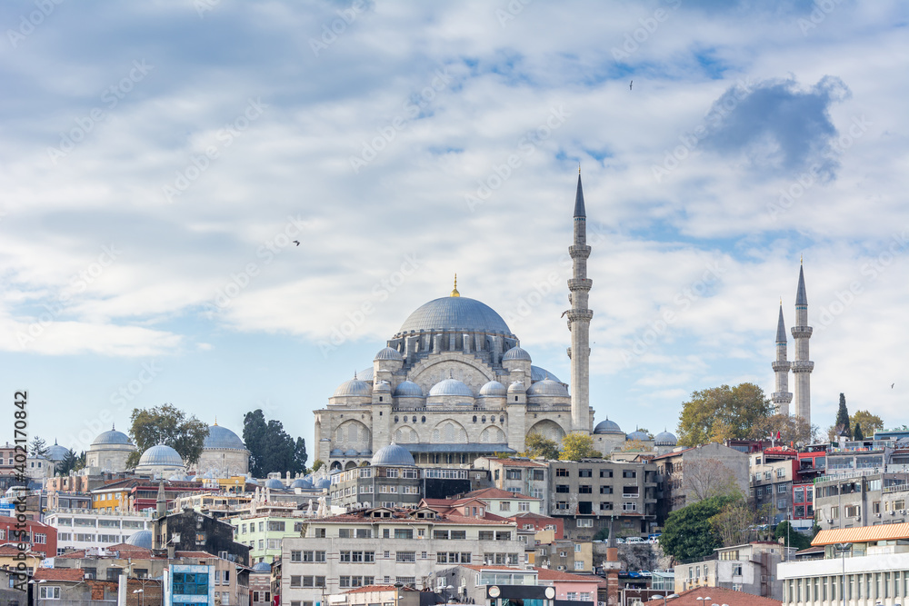 Cityscape of bank of bosphorus strait  in Istanbul  with Suleymaniye mosque, which is an Ottoman imperial mosque located on the Third Hill of Istanbul, Turkey