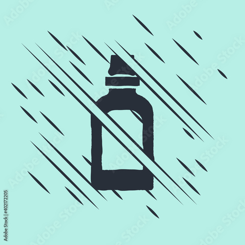 Black Plastic bottle for laundry detergent, bleach, dishwashing liquid or another cleaning agent icon isolated on green background. Glitch style. Vector.