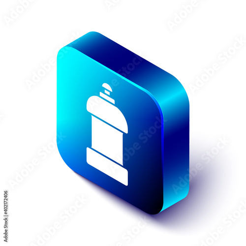 Isometric Plastic bottle for laundry detergent, bleach, dishwashing liquid or another cleaning agent icon isolated on white background. Blue square button. Vector.