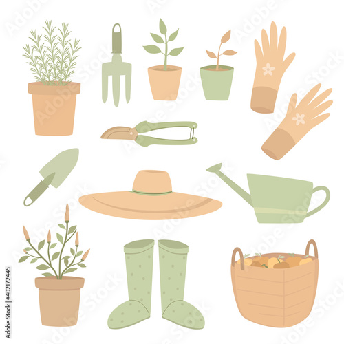 set of gardening tools, hand drawing gardening set