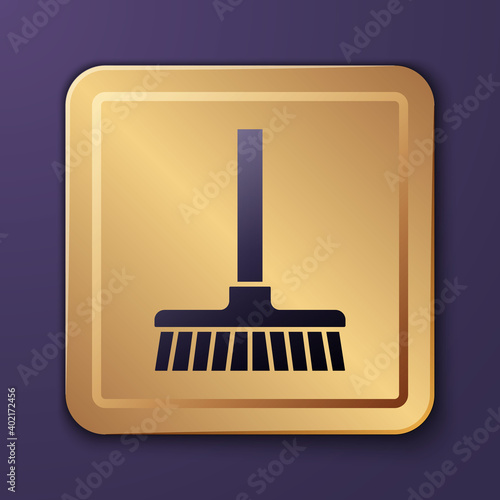 Purple Handle broom icon isolated on purple background. Cleaning service concept. Gold square button. Vector.