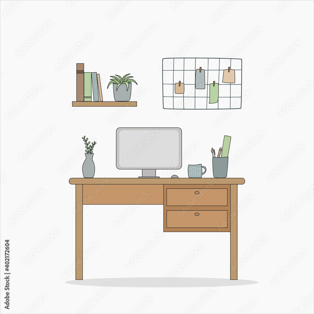 Fototapeta premium Workspace at home, cozy workspace illustration, office interior flat design, 