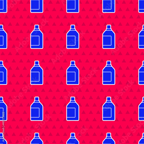 Blue Plastic bottle for laundry detergent, bleach, dishwashing liquid or another cleaning agent icon isolated seamless pattern on red background. Vector.
