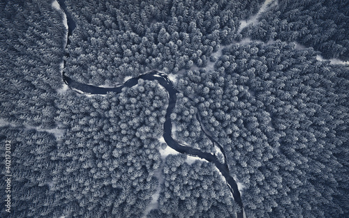 Snowy forest with a river from a bird's eye view - Nature in winter - Christmas tree with snow © Nils