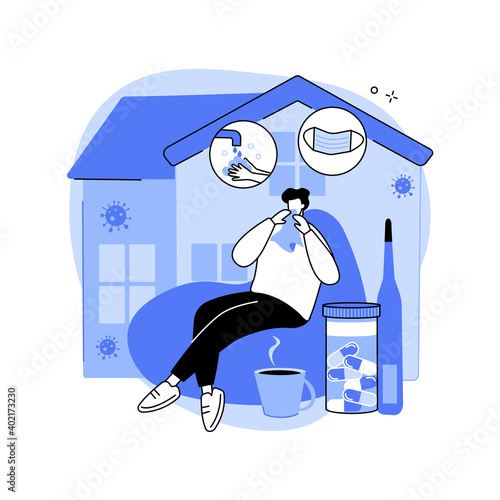 Coronavirus treatment abstract concept vector illustration. Self-quarantine measures, covid-19 treatment at home, intensive therapy, wearing a mask, medicine, lung ventilation abstract metaphor.