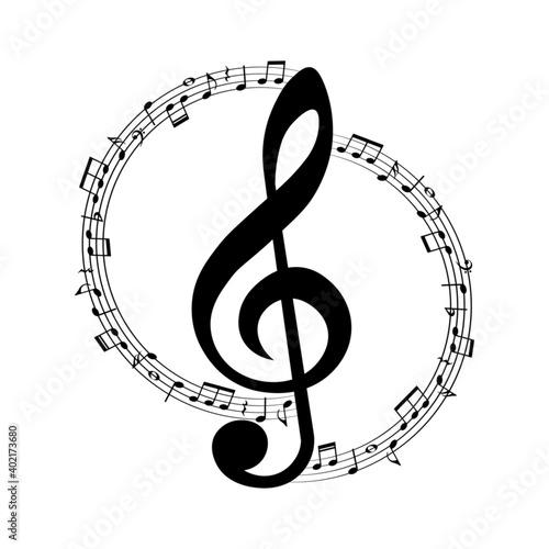 Music notes and treble clef  round musical design element  vector illustration.
