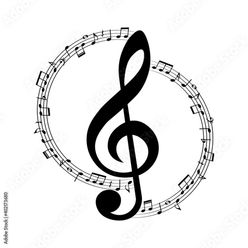 Music notes and treble clef, round musical design element, vector illustration.