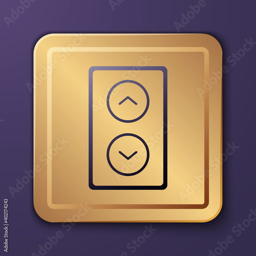 Purple Lift icon isolated on purple background. Elevator symbol. Gold square button. Vector.