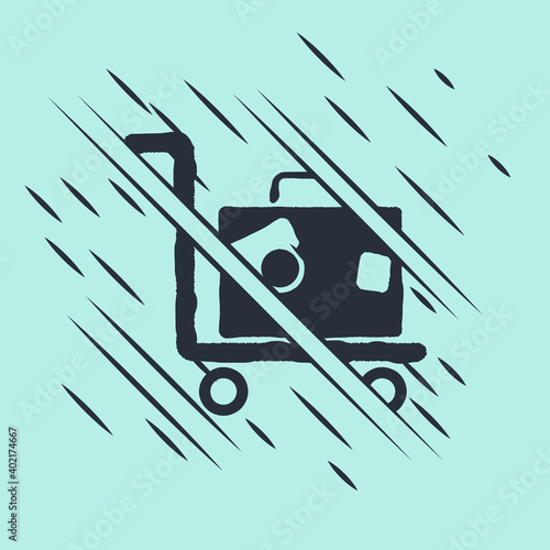 Black Hotel luggage cart with suitcase icon isolated on green background. Traveling baggage sign. Travel luggage icon. Glitch style. Vector.
