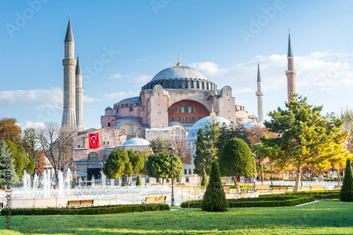 Hagia Sophia Holy Grand Mosque in the morning against blue sky in autumn in Istanbul, Turkey