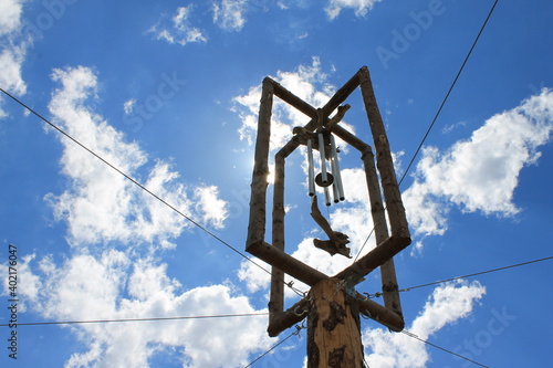 sky, cross, construction, blue, crane, religion, wood, wooden, clouds, symbol, industry, sign, building, faith, old, pole, tower, christ, power, architecture, equipment, cloud, church