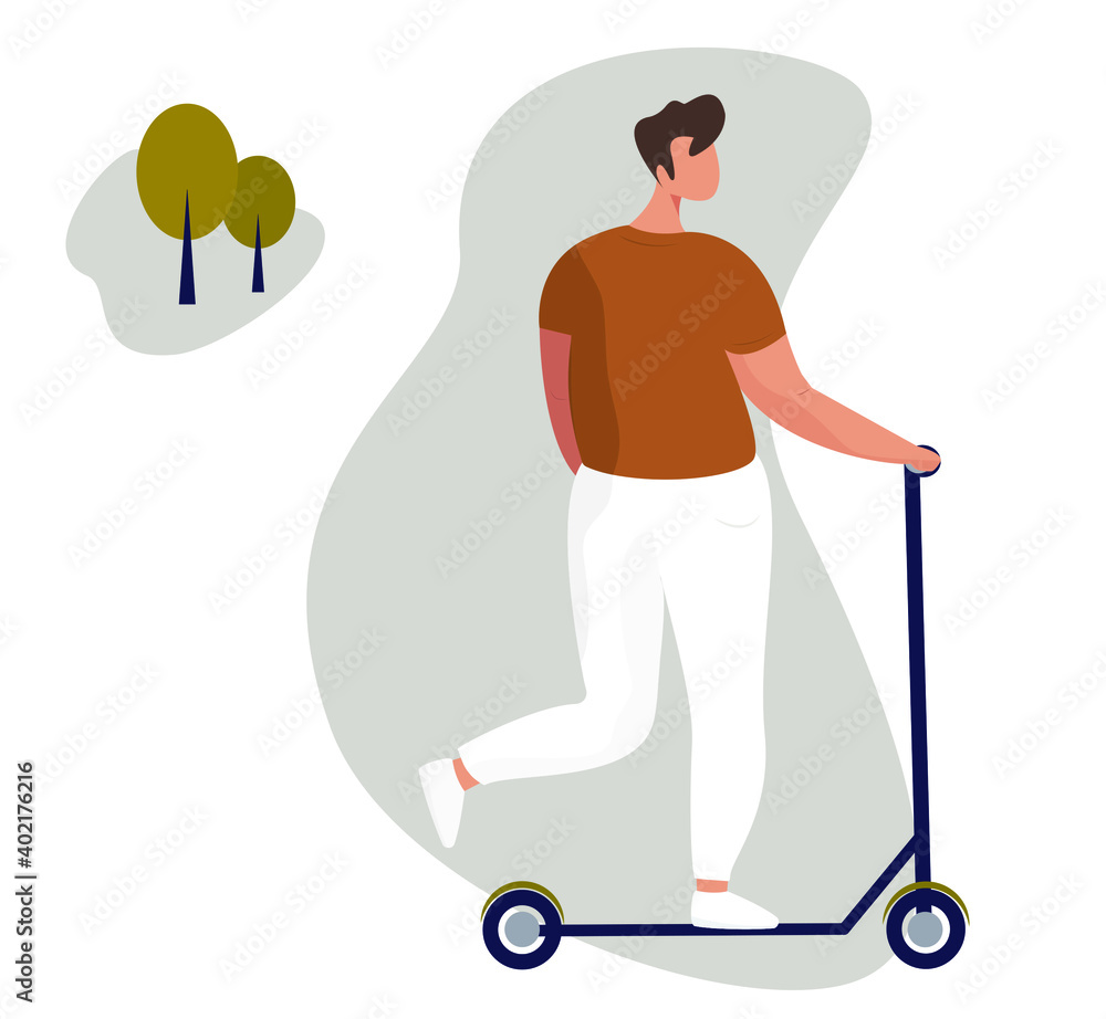 Man riding scooter. Outdoor sport. Guy on kick scooter in the park. Vector flat illustration