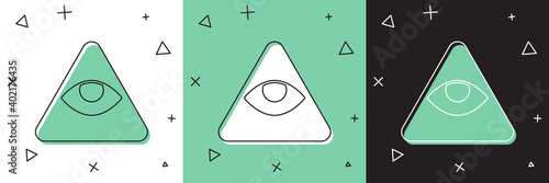Set Masons symbol All-seeing eye of God icon isolated on white and green, black background. The eye of Providence in the triangle. Vector.