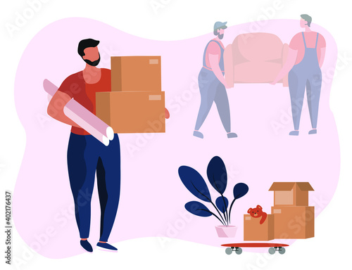 Moving to new home. Couple of workers carrying armchair on background. Boy is moving cardboard boxes with household stuff in new house. Delivery package relocation. Vector illustration.