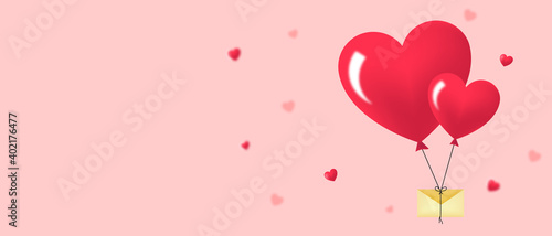 fondo feliz san día de valentín con corazones, globos y sobre con mensaje. Día de los enamorados. Espacio para texto
