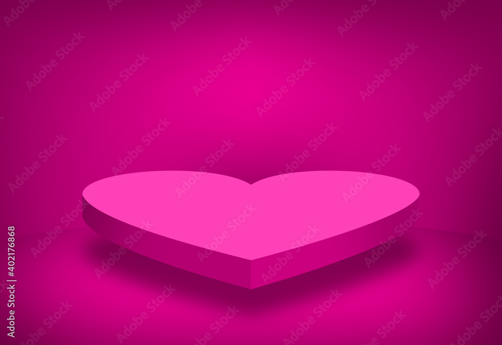 A pink product presentation backdrop of a red heart shaped Valentine's Day platform table A pink product presentation backdrop of a red heart shaped Valentine's Day platform table