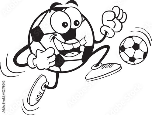 Black and white illustration of a happy soccer ball kicking a ball.