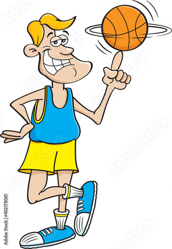Cartoon illustration of a smiling basketball player spinning a basketball on his finger.