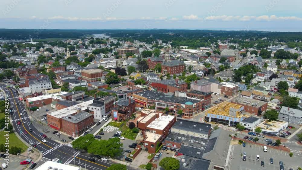 Aerial view of Gloucester historic city center and City Hall, city of Gloucester, Cape Ann, Massachusetts MA, USA. Aerial view of Gloucester historic city center and City Hall, city of Gloucester, Cape Ann, Massachusetts MA, USA.