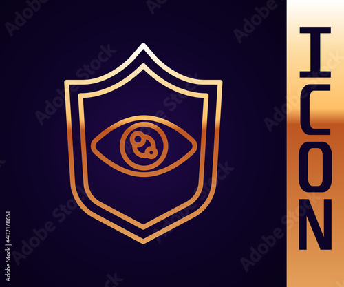 Gold line Shield eye scan icon isolated on black background. Scanning eye. Security check symbol. Cyber eye sign. Vector.