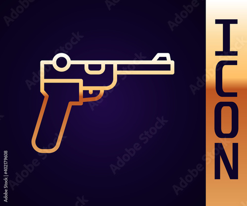 Gold line Mauser gun icon isolated on black background. Mauser C96 is a semi-automatic pistol. Vector.