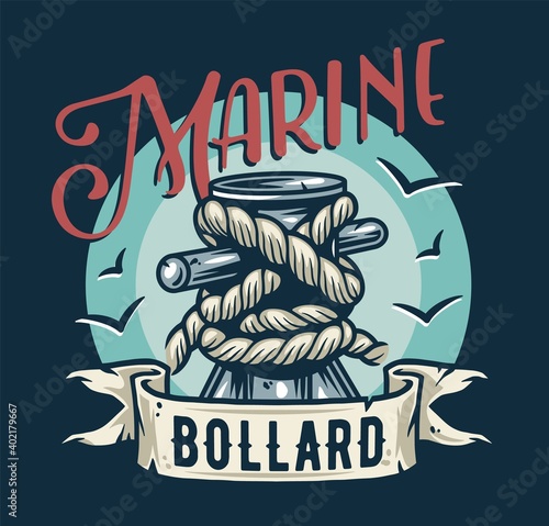 Old, vintage marine mooring sea bollard with rope knot tied on pier, nautical ship element, ocean port design