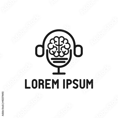 brain logo concept with podcast and earphone idea logotype illustration icon symbol sign