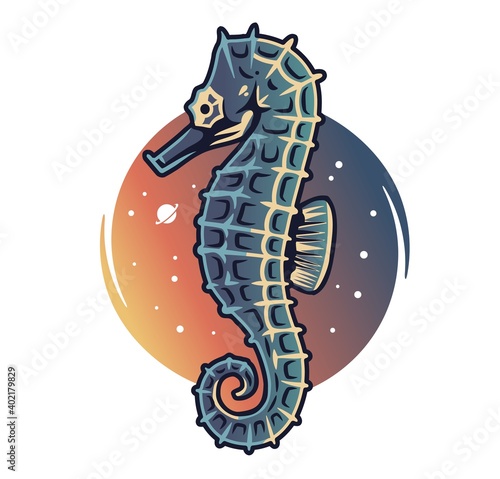 Marine seahorse into starry sky space. Nautical wanderlust and adventure illustration. Ocean explorer