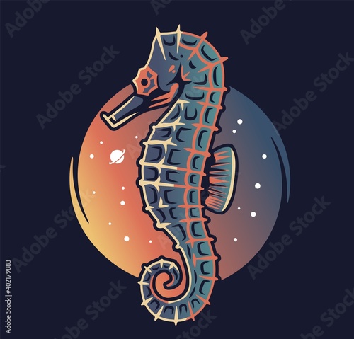 Marine seahorse into starry sky space. Nautical wanderlust and adventure illustration. Ocean explorer