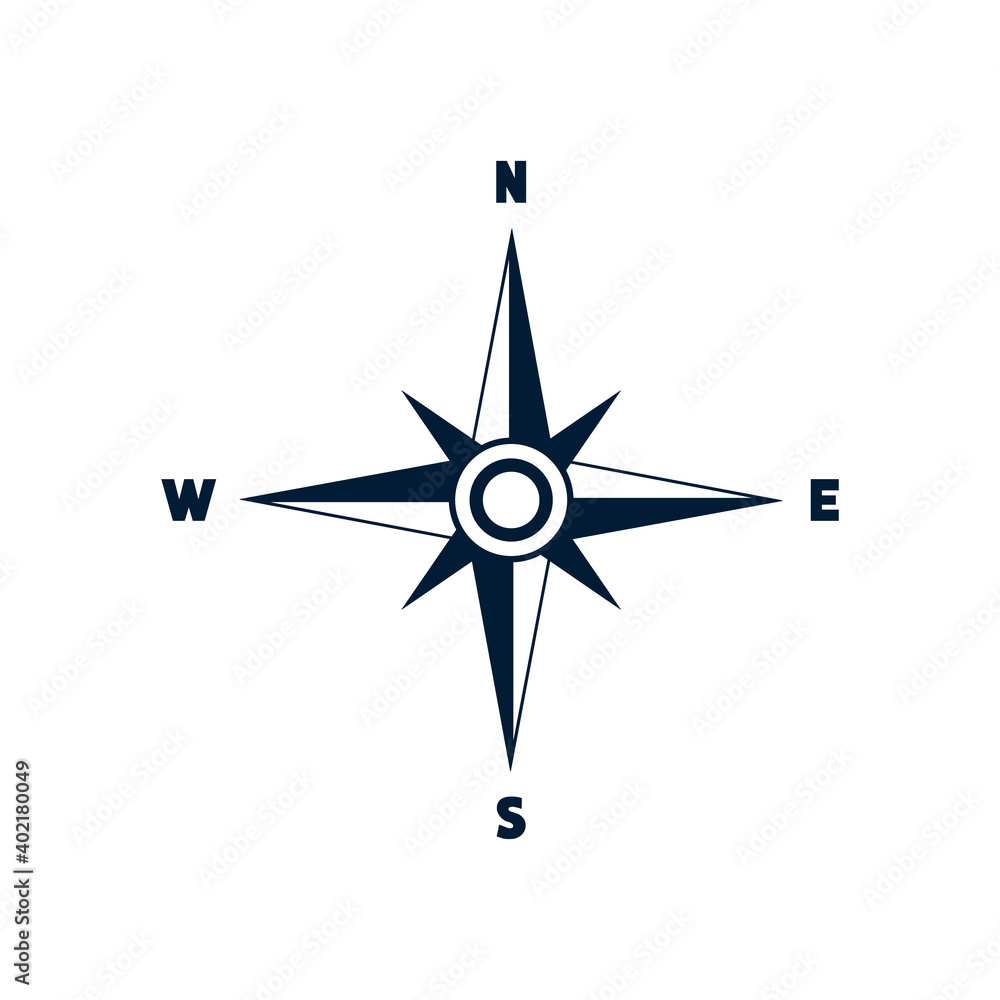 Fototapeta premium Compass icon with North, South, East and West indicated. Navigation symbol vector illustration isolated on white