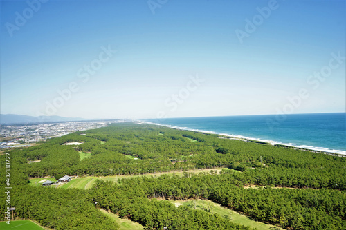 Aerial view of Awakigahara Forest Park in Miyazaki, Japan - 宮崎 阿波岐原森林公園と海岸