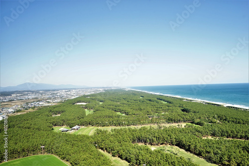 Aerial view of Awakigahara Forest Park in Miyazaki, Japan - 日本 宮崎県 阿波岐原森林公園と海岸	 photo