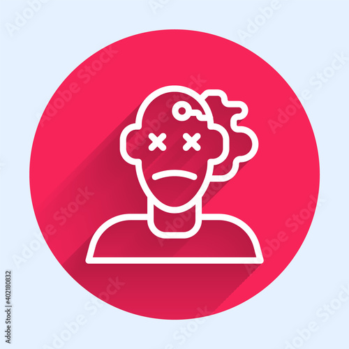 White line Murder icon isolated with long shadow. Body, bleeding, corpse, bleeding icon. Concept of crime scene. Red circle button. Vector.