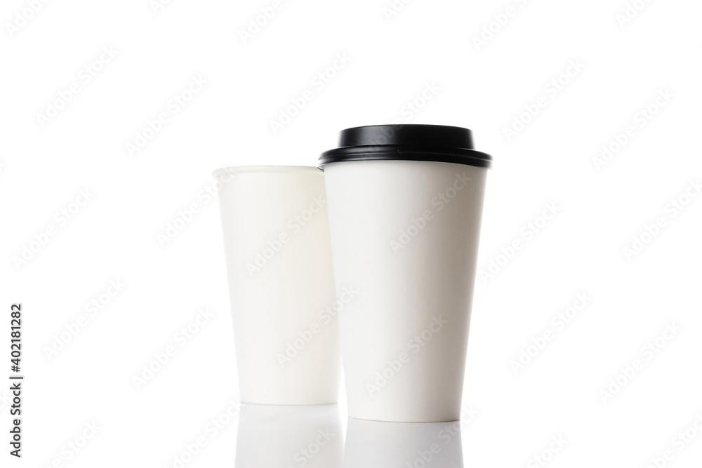 Business paper cup for hot coffee with black lid isolated on white background. White blank, large, medium and small Takeaway paper. Business paper cup for hot coffee with black lid isolated on white background. White blank, large, medium and small Takeaway paper.