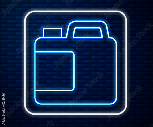Glowing neon line Plastic bottle for laundry detergent, bleach, dishwashing liquid or another cleaning agent icon isolated on brick wall background. Vector.