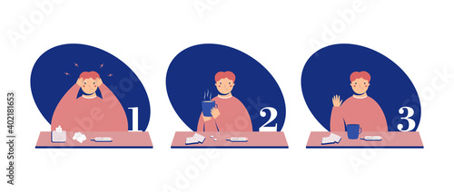 Flu symptoms set. Sick man takes medicine. Male with flu, headache and runny nose. Home treatment. Vector illustration in cartoon style