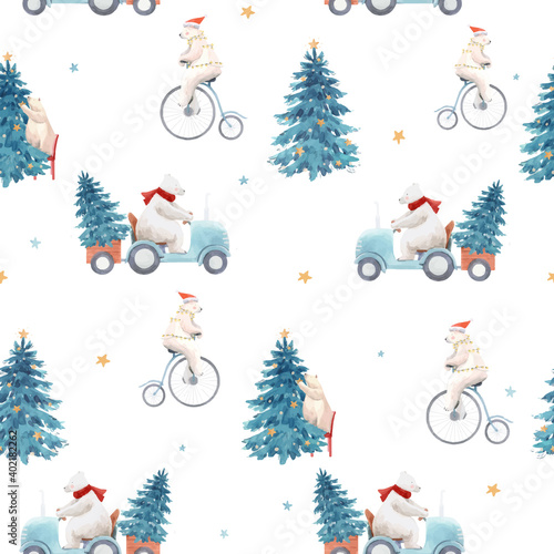 Beautiful vector christmas seamless pattern with hand drawn watercolor cute polar bear illustrations.