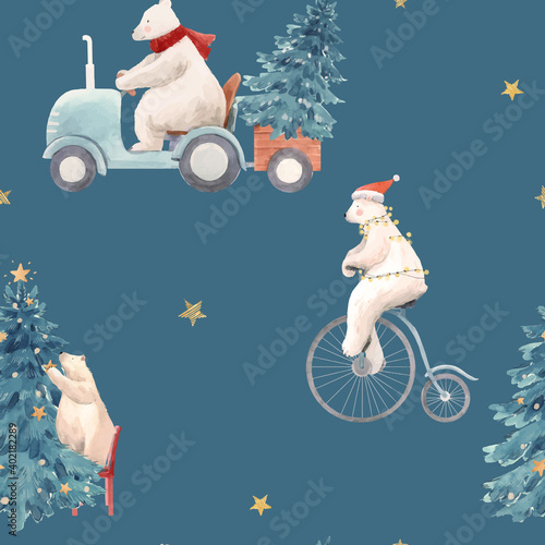 Beautiful vector christmas seamless pattern with hand drawn watercolor cute polar bear illustrations.