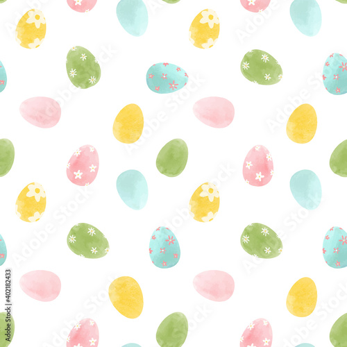 Beautiful vector seamless pattern with watercolor colorful easter eggs, Stock illustration.