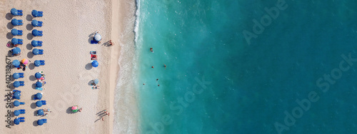 Aerial drone ultra wide panoramic photo of tropical exotic beach with deep turquoise crystal clear sea