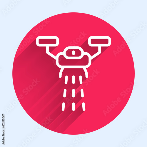 White line Smart farm with drone control for seed planting icon isolated with long shadow. Innovation technology for agricultural company. Red circle button. Vector.