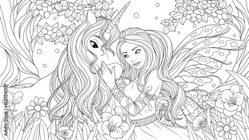 Vector illustration, lovely fairy and little unicorn in the fairy forest