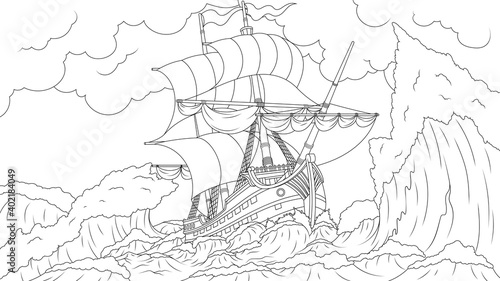 Vector illustration, old ship sailing in a storm, wrecked