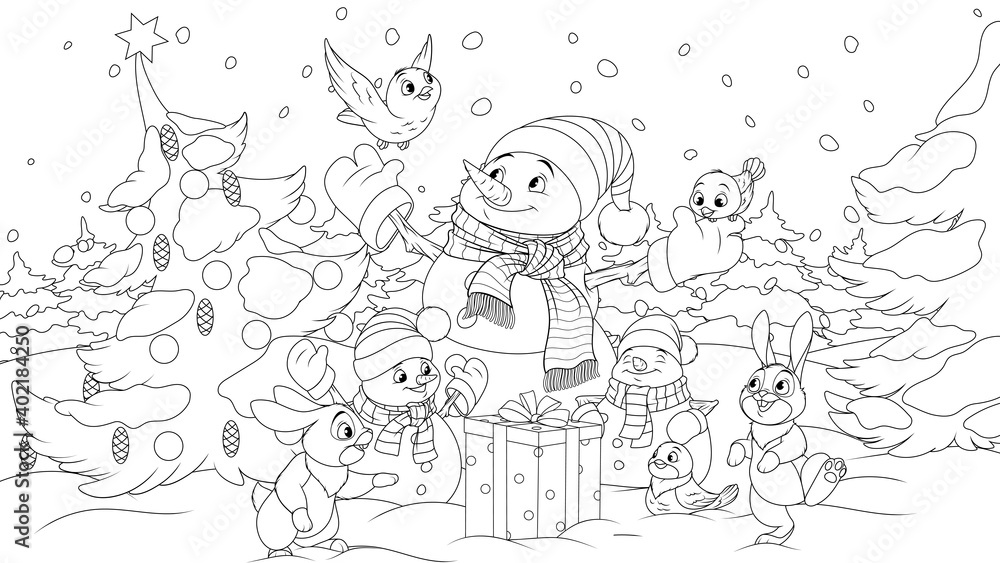 New Year in the forest snowman and little animals, coloring