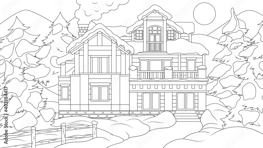 Vector illustration, a house in the forest for the new year