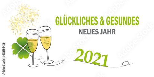 2021 - gute wünsche - sektgläser - glücksklee und feuerwerk - glückliches gesundes neues jahr